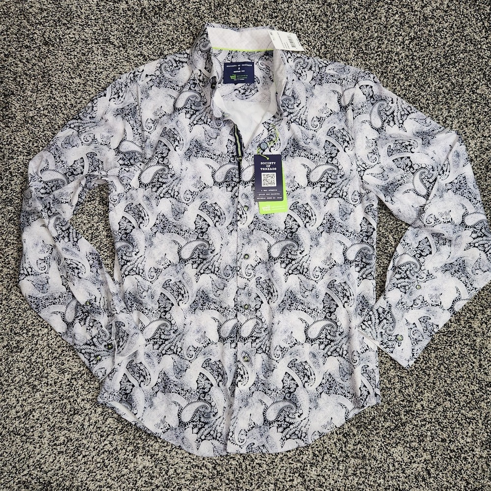 society of threads Paisley Gray Mens Small Regular Fit Stretch Wrinkle Free Nwt
